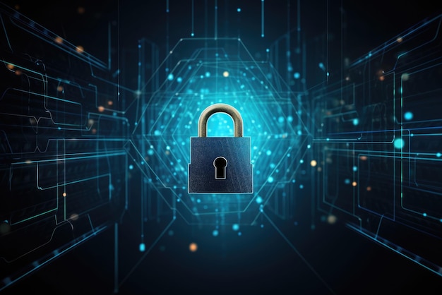 Cyber-Sicherheitskonzept Schloss- und Verbindungsnetzwerksymbol auf blauem Hintergrund