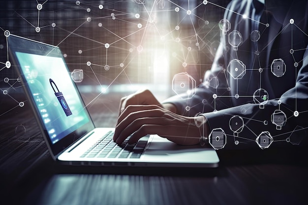 Cyber-Sicherheitsnetzwerk Geschäftsmann nutzt digitales Sicherheitskonzept für Laptops Generative KI