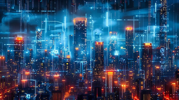 Cybernetic Cityscape Una visión del futuro con rascacielos conectados iluminados por redes digitales y luces urbanas