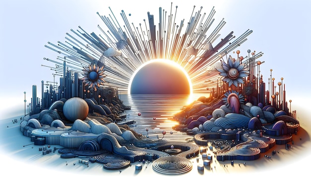 Cybernetic Sunrise 3D Icon Abstract raios de sol em paisagem digital com fundo branco isolado