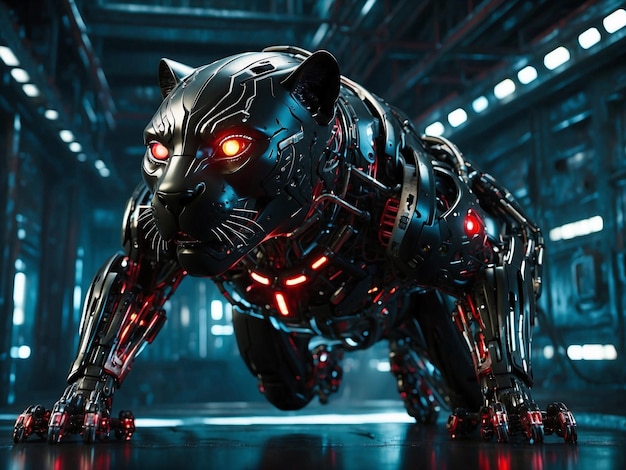 Cyberpanther com olhos selvagens em vermelho