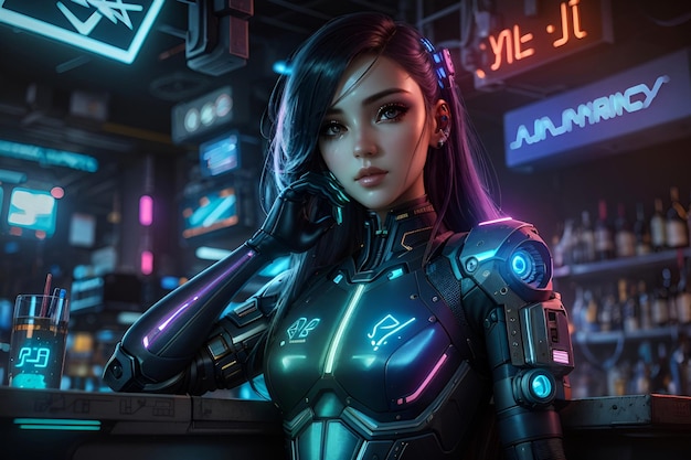 cyberpunk android hermosa chica sentada dentro de un bar