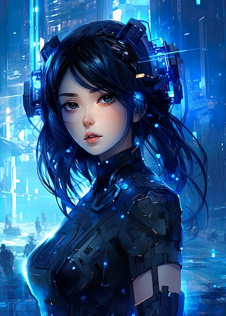 Cyberpunk anime girl luz azul