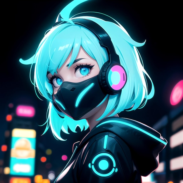 Cyberpunk-Anime-Mädchen mit Kopfhörern und blauen Augen