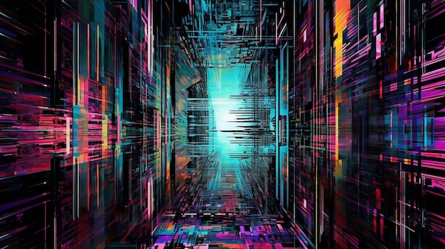 Cyberpunk bunter Neonregen auf schwarzem Hintergrund Retro-Illustration leuchtender Streifen diagonaler und gerader Abstufungen SciFi-Kunst generative KI