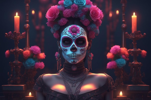 Cyberpunk Calavera in einer hellen Neon-Cyberpunk-Futuristischen Umgebung