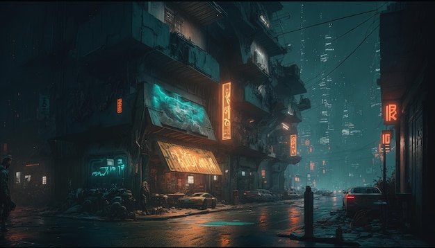 Cyberpunk Calle de la ciudad nocturna en la niebla con letreros de neón AI generativa