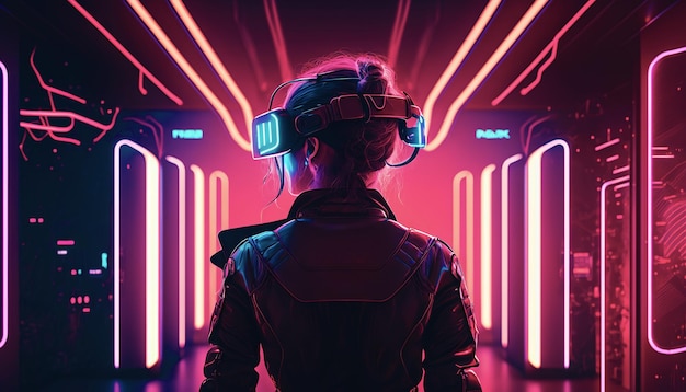 Cyberpunk-Charakter mit VR-Brille Futuristische Welt der virtuellen Realität Generative KI