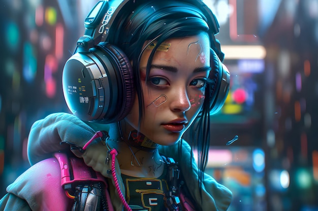 Cyberpunk chica futuro retrato asiático adolescente cibernético ilustración