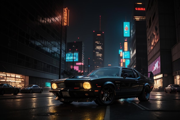 Cyberpunk cidade carro papel de parede fundo velho carro sedan supercar ilustração cartaz promocional