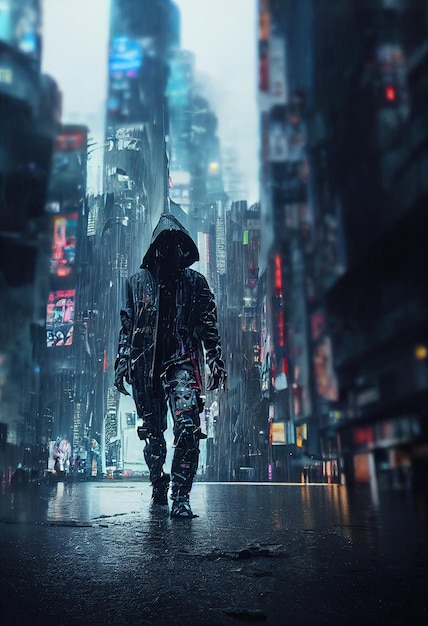 Cyberpunk de ciencia ficción en la ciudad lluviosa del futuro Hombre futurista de alta tecnología del futuro