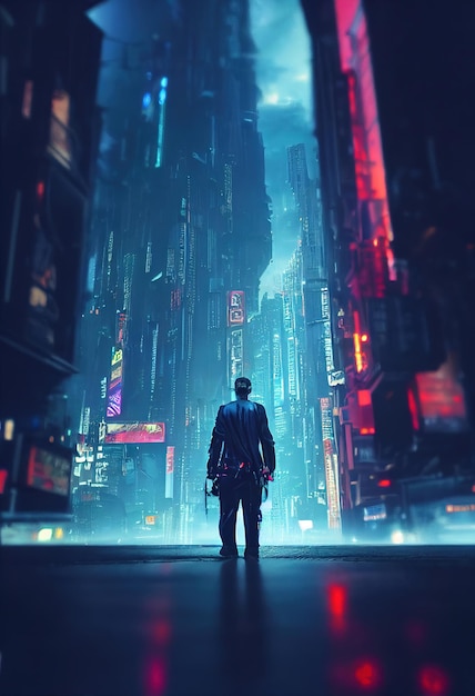 Cyberpunk de ciencia ficción en la ciudad lluviosa del futuro Hombre futurista de alta tecnología del futuro