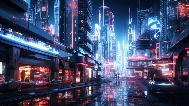 Cyberpunk City Street Night View Futuristic City Neon Light Generative AI