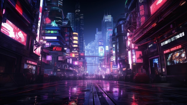 Cyberpunk City Street Night View Futuristische Stadt Neonlicht Generative KI