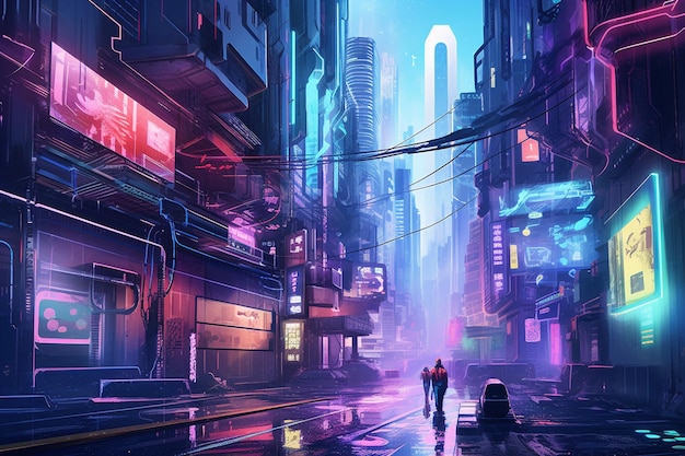 Foto cyberpunk cityscape con luces de neón