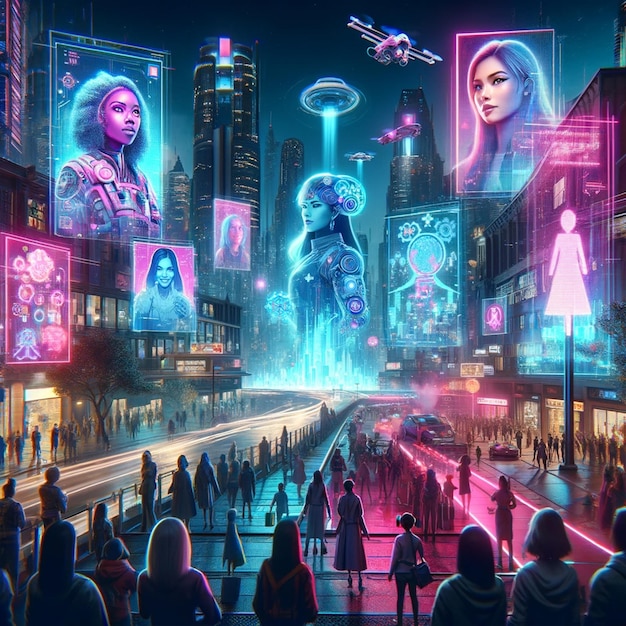 Cyberpunk Cityscapes Ilustração futurista amp Simbolismo da multidão