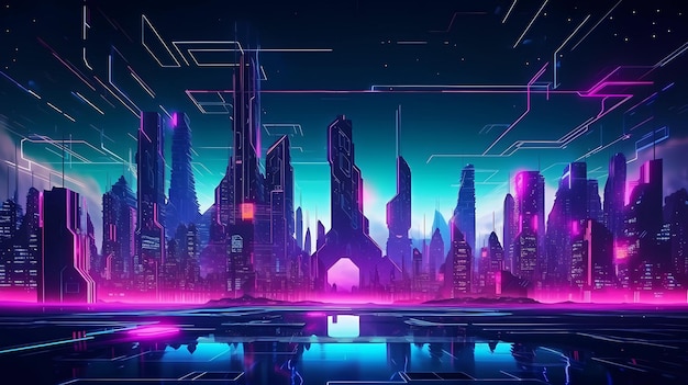 Cyberpunk de ciudad futurista de neón con luna en el fondo ai generativo