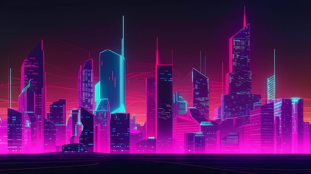 Cyberpunk de ciudad futurista de neón con luna en el fondo ai generativo