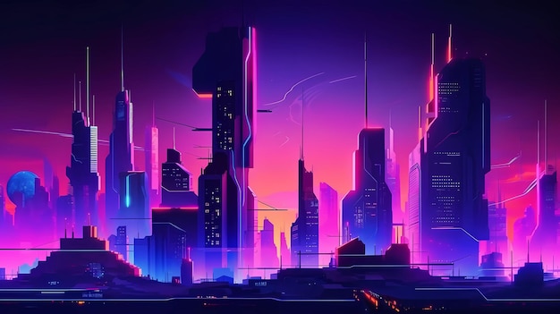 Cyberpunk de ciudad futurista de neón con luna en el fondo ai generativo