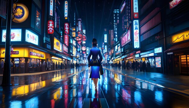 Cyberpunk ciudad del futuro calle concurrida noche luces IA generativa