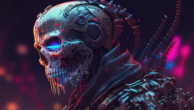 Cyberpunk cráneo soldado ilustración de arte digital IA generativa