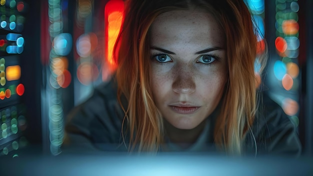 Cyberpunk-Crime-Coder hackt eine Frau in der Cybersicherheit aus einem dunklen Serverraum Concept Cybersecurity Hacking Cyberpunk Dark Background Sicherheitsrisiko