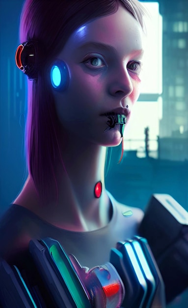 Cyberpunk cyborg mujer neón arte robot concepto dibujar