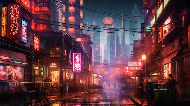 Foto cyberpunk da noite da cidade asiática