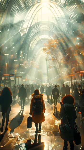 Cyberpunk Dystopia Pessoas caminhando para a luz do sol no aeroporto