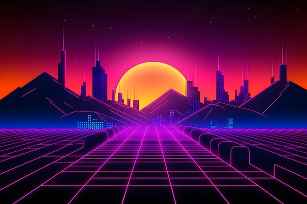 Cyberpunk e estilo retrô onda cidade futurista noturna Rede neural gerada por IA