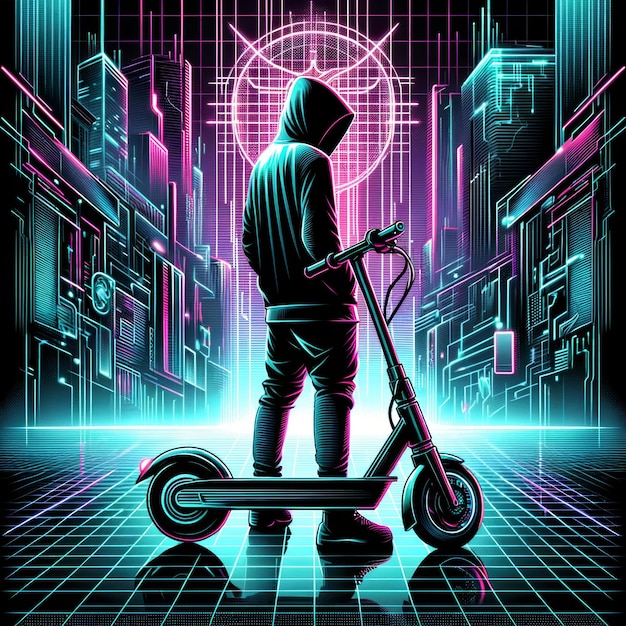 Cyberpunk-Explorer auf einem elektrischen Roller in Neon City