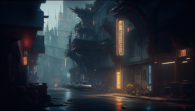 Cyberpunk fondo borrosa escena de la ciudad en matrix AI render