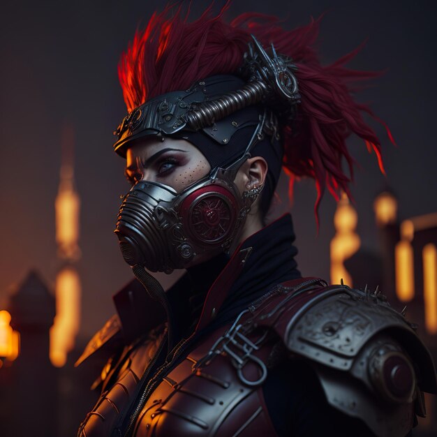 Cyberpunk-Frau in futuristischem Anzug und Maske mit roter Kleidung in der Stadt bei Sonnenuntergang