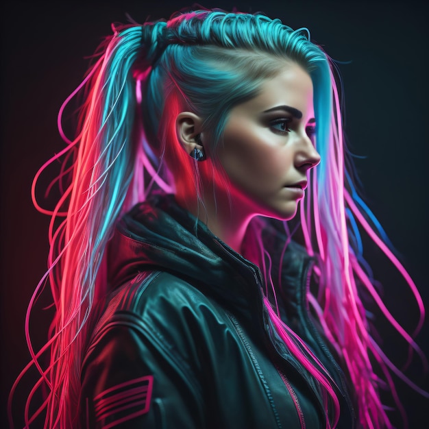 Cyberpunk-Frau mit langen Haaren Porträt futuristisch und Neon-Stil