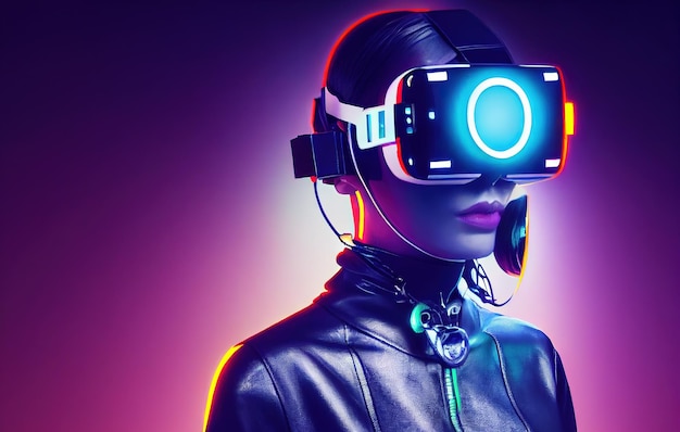 Cyberpunk-Frau mit Virtual- oder Augmented-Reality-Brille. Abstrakte vr-Weltillustration.