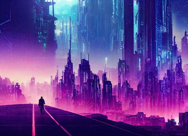 Cyberpunk Future City mit Wolkenkratzern in UV und Neon Schöner Nachthimmel im Hintergrund