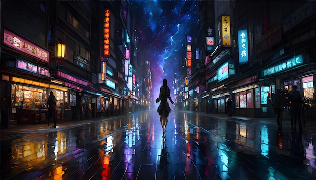 Cyberpunk Future City Street belebte Nachtlichter Generative AI