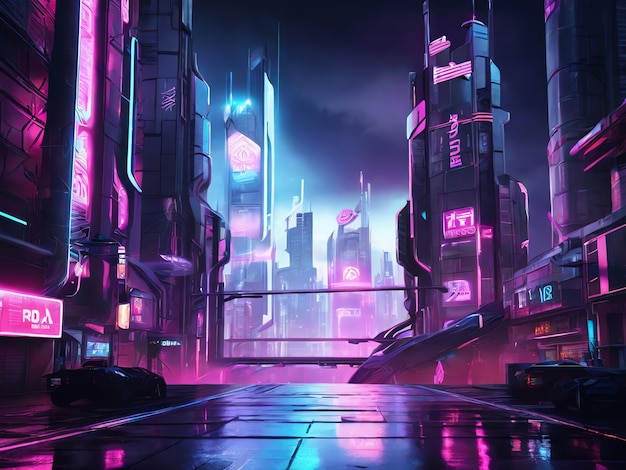 Cyberpunk Futuristic City Background Design com elementos de luz de néon