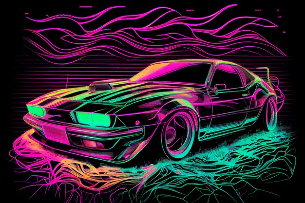 Cyberpunk Futuristic retro wave synth carro carro esporte Retro com contornos de luz de fundo neon Generative ai