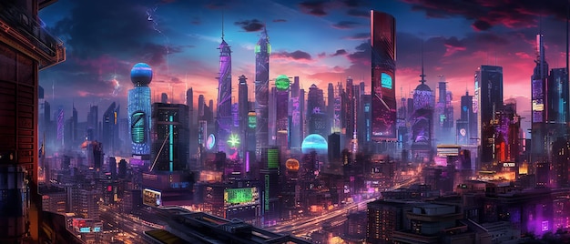 Cyberpunk futuristische asiatische Stadt Panorama von Straßen und Häusern in Neonfarben