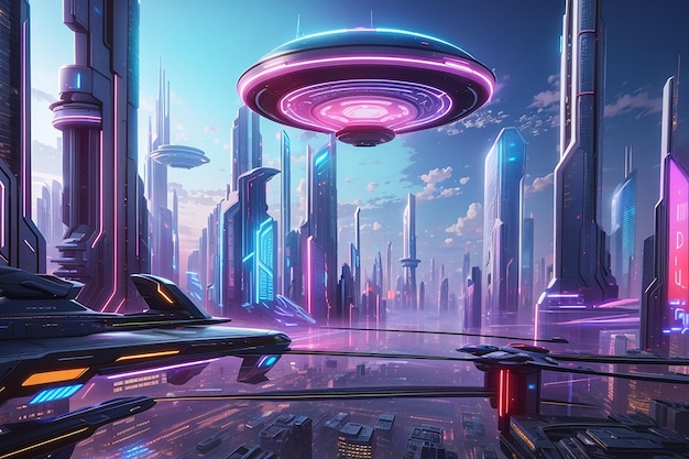 Foto cyberpunk-futuristische stadt panorama-fiktion mit neonschildern und neonlichtern stadt mit futuristischen gebäuden