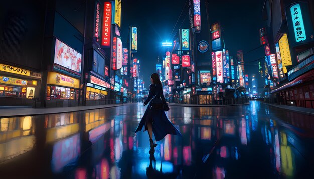 Cyberpunk futuro cidade rua movimentada luzes noturnas Generative AI