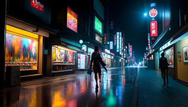 Cyberpunk futuro cidade rua movimentada luzes noturnas Generative AI