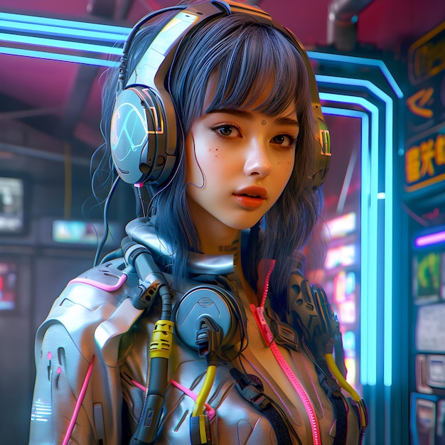 Cyberpunk girl retrato futuro adolescente asiático ilustração cibernética