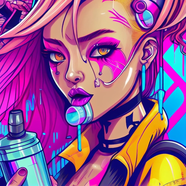 Cyberpunk Handgezeichnete Manga- und Anime-Figur im Comic- und Graffity-Stil der 90er Jahre Illustration