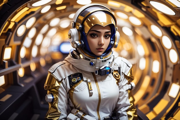 Cyberpunk Hijab Mädchen weiblich Frau Weißgold Anzug Zukunftstechnologie