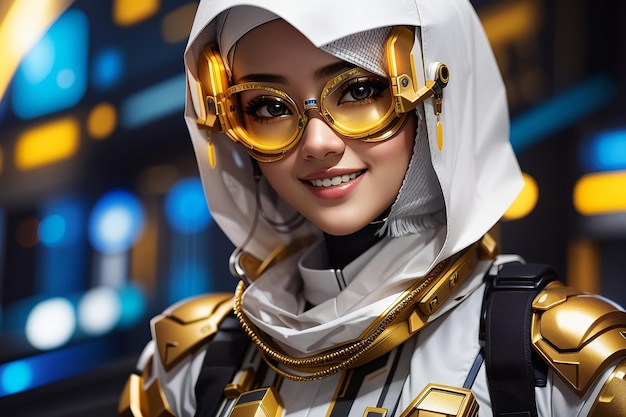 cyberpunk hijab menina feminino mulher terno ouro branco futuro tecnologia