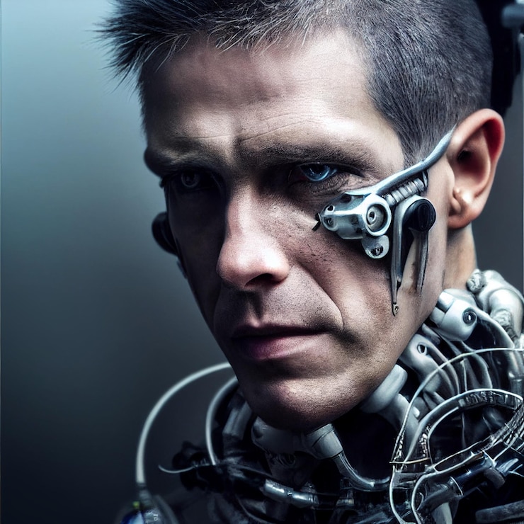 Foto cyberpunk hombre retrato estilo neón futurista