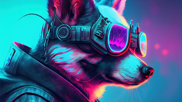 Cyberpunk Husky Dog Belo retrato de arte digital de um Cyberpunk Dog Husky Anime Animal usando suspensórios e óculos de vaporwave feitos de uma tela de computador quebrada com falhas coloridas