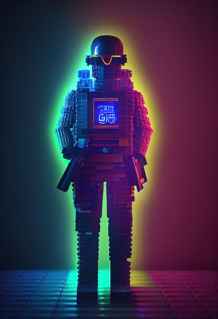 Cyberpunk-Lego-Soldat mit Körper des Lego-Konstrukteurs Cyberpunk-Metaversum Hintergrund der Nachtstadt